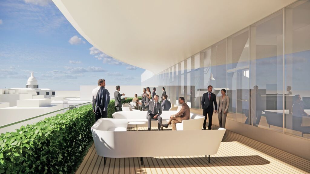The new building offers indoor and outdoor convening spaces, views of the nearby U.S. Capitol Building and sustainable features like terrace gardens.