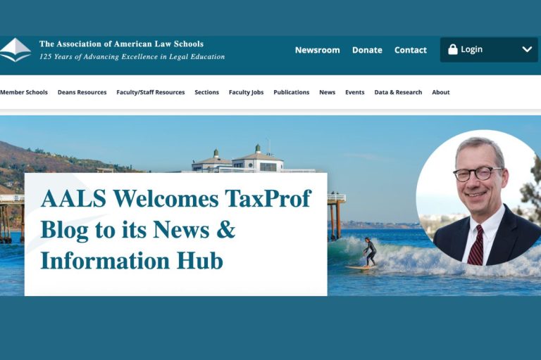 Screenshot of an Association of American Law Schools webpage announcing “AALS Welcomes TaxProf Blog to its News & Information Hub” with a portrait of a man beside an ocean scene.