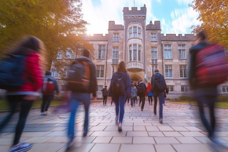 Students with backpacks walking toward a large historic university building along a stone campus pathway.
