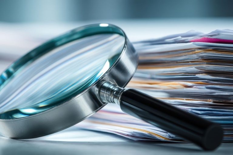 Magnifying glass resting on a stack of documents with colored tabs, symbolizing close review or analysis of paperwork. The scene highlights detailed examination often associated with legal or administrative work.