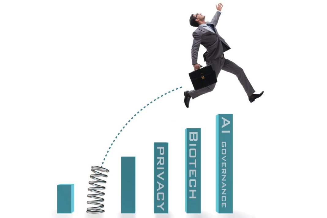 man in business suit holding briefcase springing over blocks of text