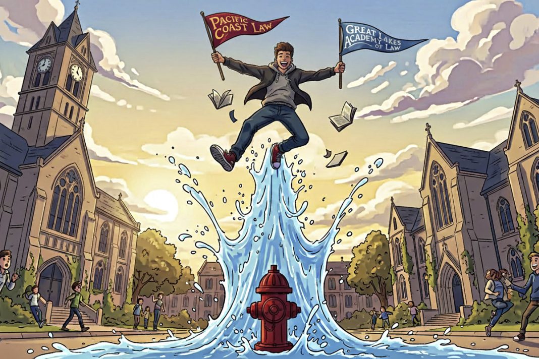 illustration of prelaw student being lifted in the air by water from a fire hydrant