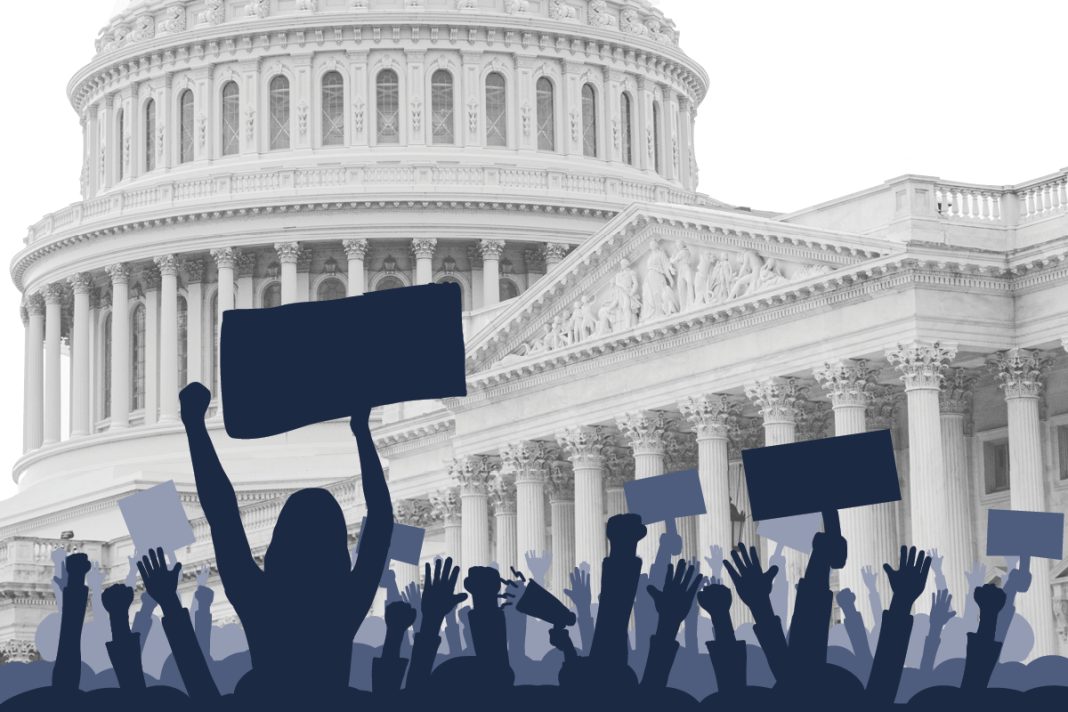 illustration of the U.S. Capitol with shadows of protestors in the forefront