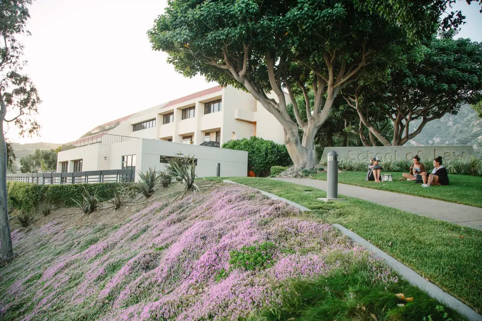 A university law school building on a landscaped campus with large trees, a grassy lawn, and students sitting on the grass near a sign that reads “School of Law.”