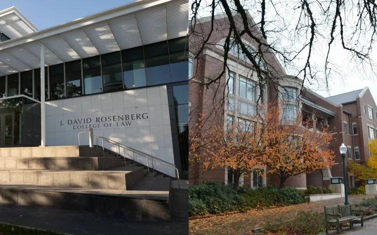 Split image showing two law school buildings: on the left, the modern entrance of J. David Rosenberg College of Law, and on the right, a brick academic building surrounded by autumn trees and a campus walkway.