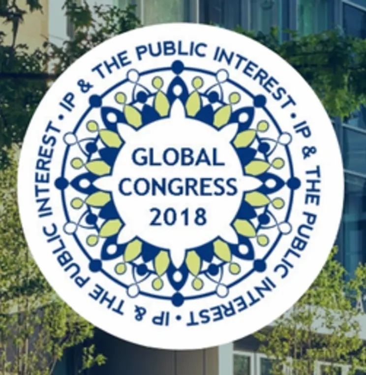A circular logo reading “GLOBAL CONGRESS 2018” in the center, surrounded by the text “IP & THE PUBLIC INTEREST,” with a decorative pattern of interconnected shapes in blue and green.
