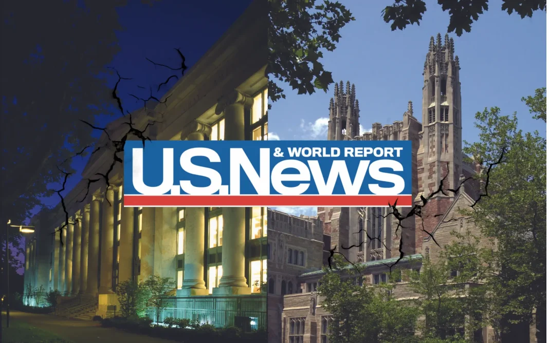 Split image of two university buildings with the U.S. News & World Report logo centered over the scene and cracked graphics across the image, symbolizing controversy over rankings.