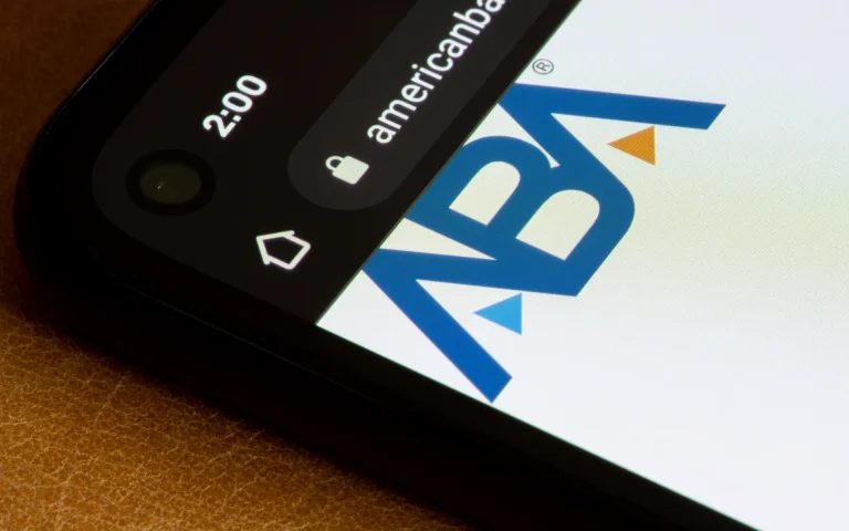 Close-up of a smartphone screen displaying the American Bar Association (ABA) website with the ABA logo visible in the browser.