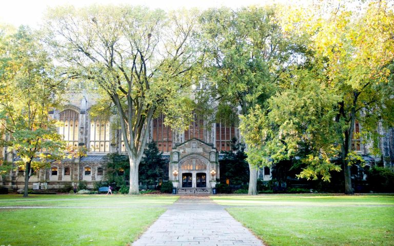 Large Gothic-style university building framed by tall trees and a grassy quad, with a central walkway leading to an arched entrance and tall stained-glass windows.