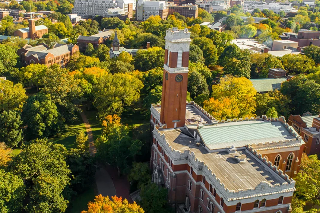 Aerial view of Vanderbilt University’s campus featuring the historic Kirkland Hall with its tall clock tower, surrounded by tree-lined walkways and academic buildings.