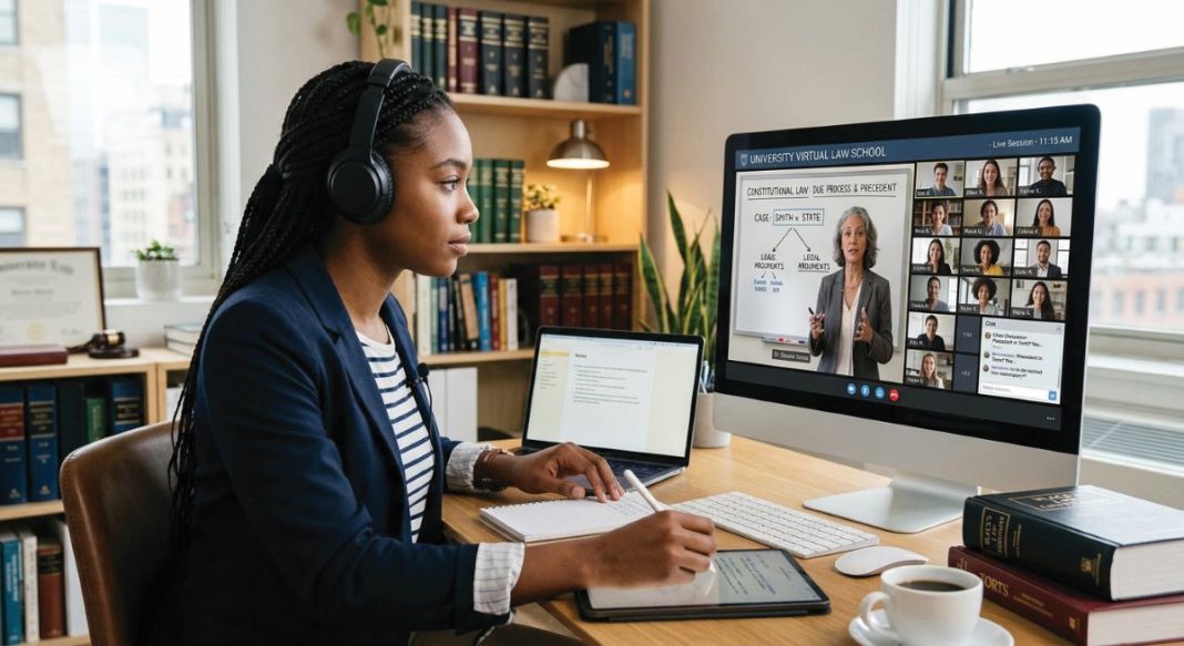young lady sitting in front of a laptop doing an online class