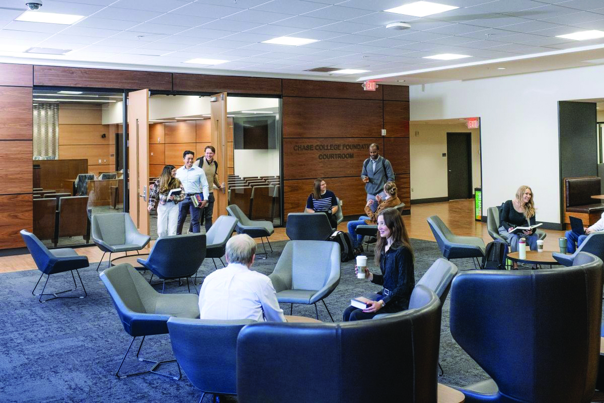 new sitting area outside a new courtroom at NKU Chase