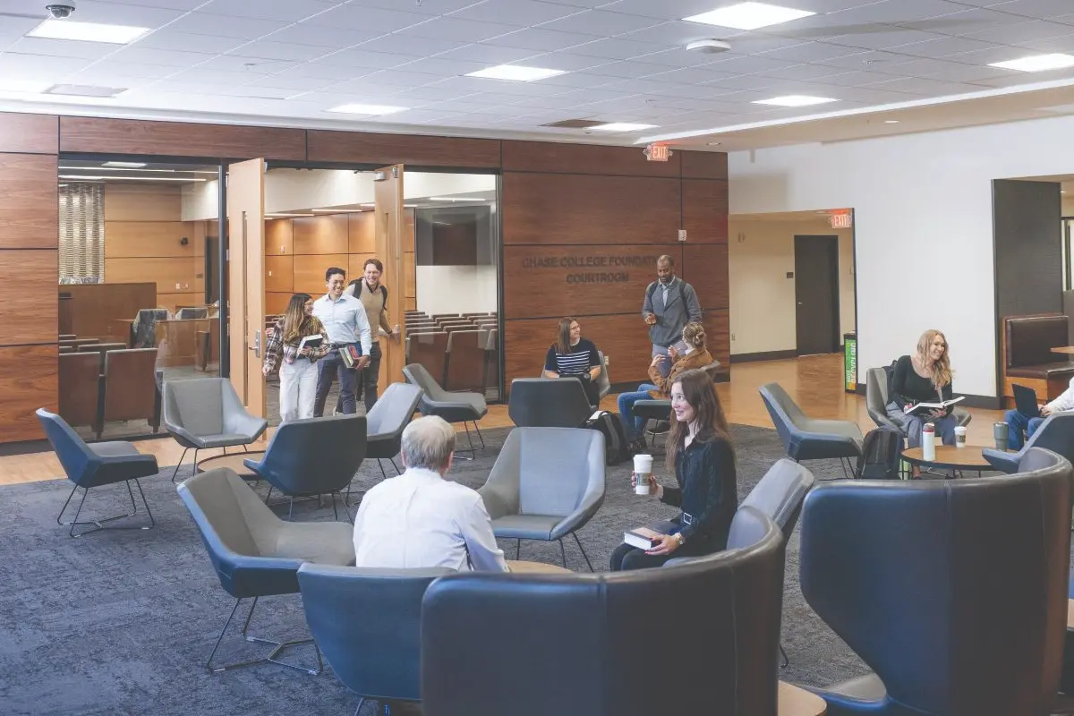 new sitting area outside a new courtroom at NKU Chase
