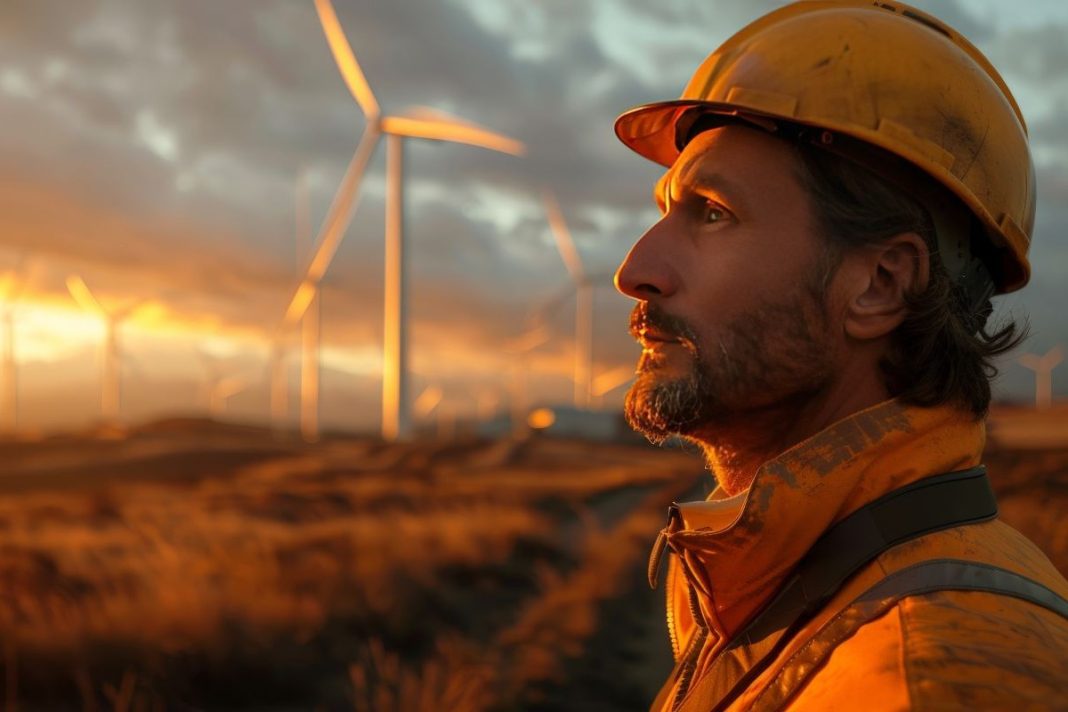 person with hard hat standing in front of wind farm