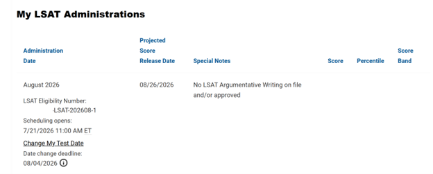 screenshot of LSAT scheduling web page