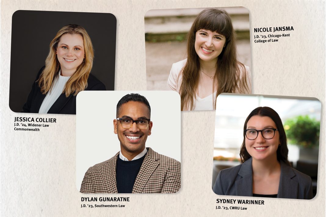 headshots of four J.D. graduates