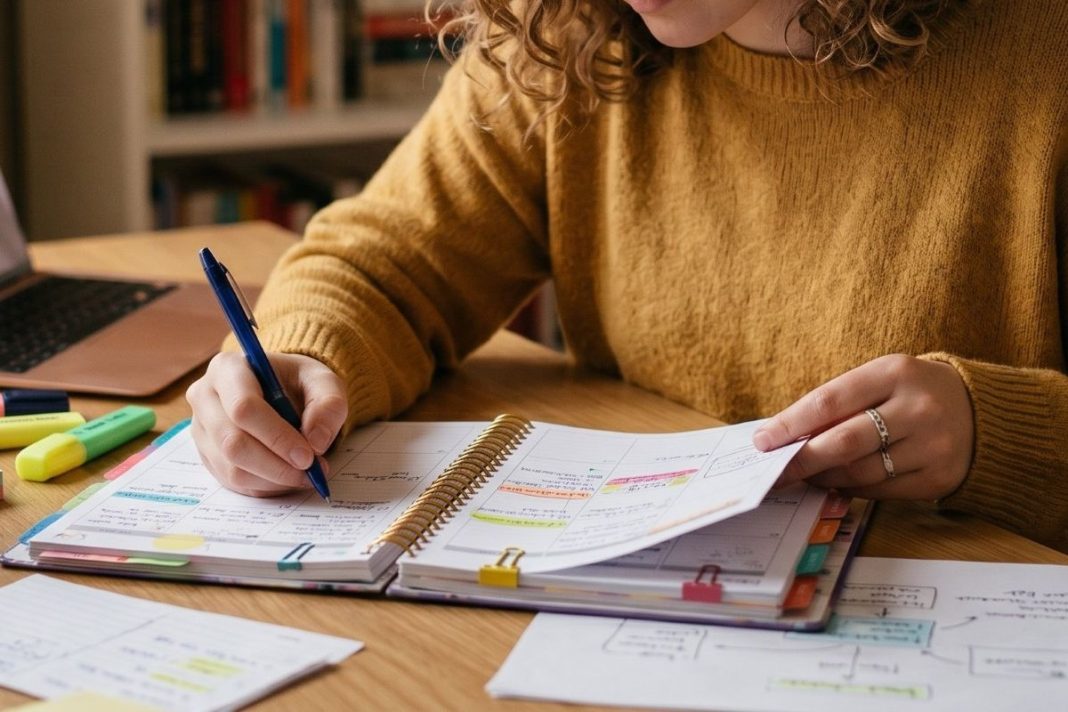 young woman updating her planner