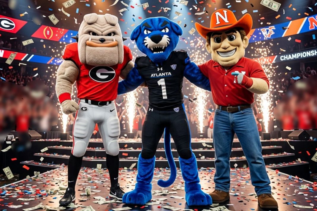mascots from law schools posing in celebration