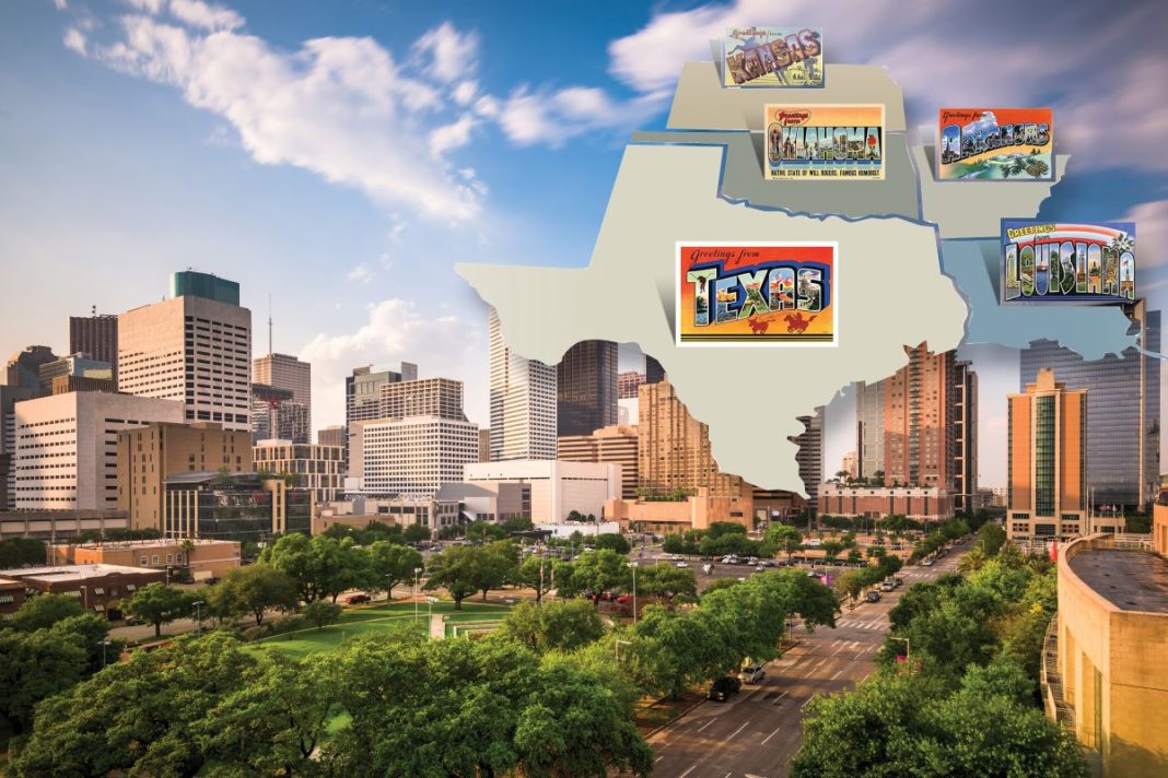 skyline with states of Texas, Kansas, Oklahoma and Louisiana overlay